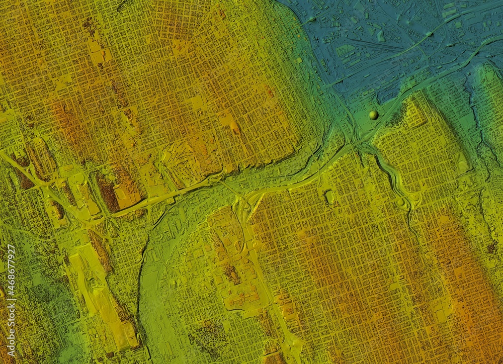 Digital elevation model. GIS 3D illustration made after proccesing aerial pictures taken from a drone. It shows lidar scanned, huge urban area of a city with roads and junctions between dense blocks