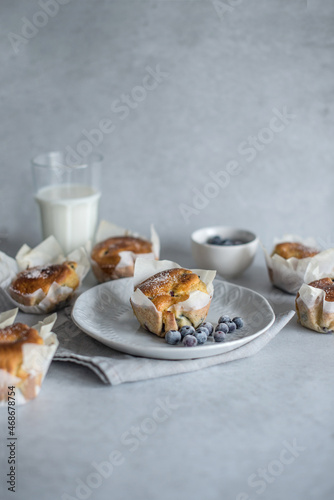 blueberries muffins on grey background. Muffins and blueberries and a glass of milk. 