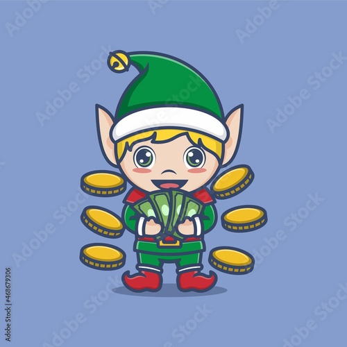 cute cartoon christmas elf rich in money and coins. vector illustration for mascot logo or sticker