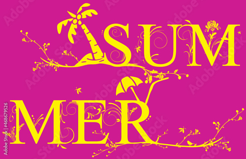 Summer  large letters decorated with summer symbols  floral motifs and elegant ribbons.