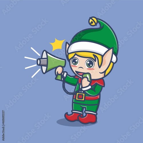 cute cartoon christmas elves protest using loudspeaker. vector illustration for mascot logo or sticker