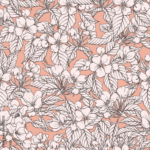 Seamless pattern with apple blooming branches. Hand drawn, elegant floral background in pink pastel colors, vector illustration for design package, background, card, textile, fabric.