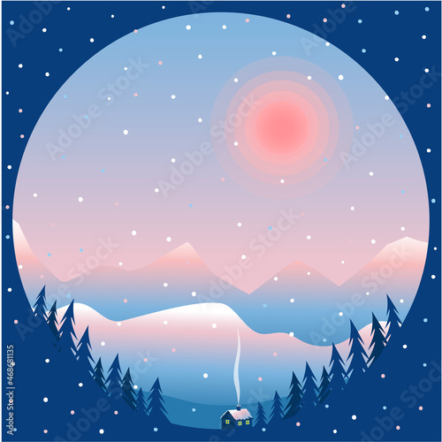 Vector landscape in a circle. Snowy winter  mountain landscape with fir trees  a house at the foot of the mountains.