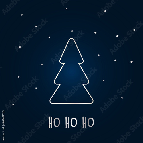 Silver silhouette of a Christmas tree with snow on a dark blue background. Merry Christmas and Happy New Year 2022. Vector illustration. Ho ho ho.