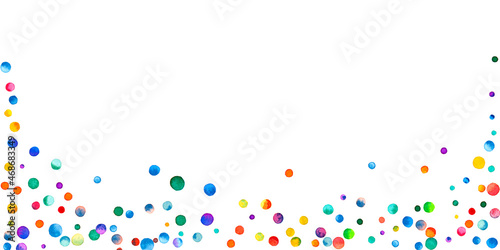 Watercolor confetti on white background. Adorable rainbow colored dots. Happy celebration wide colorful bright card. Gorgeous hand painted confetti.