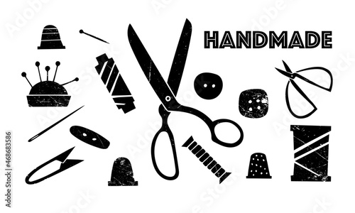 Set of vector images of sewing tools. Isolated. Needlework, handmade, clothing. Retro, grunge, illustration, flat, minimalism. White on a black background.