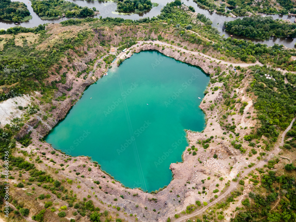 Aerial view from a drone on the green rhodon lake quarry