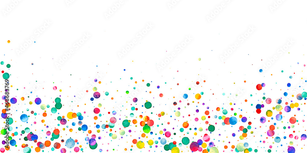 Watercolor confetti on white background. Adorable rainbow colored dots. Happy celebration wide colorful bright card. Overwhelming hand painted confetti.