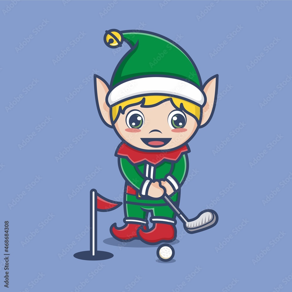 cute cartoon christmas elves playing golf. vector illustration for mascot logo or sticker