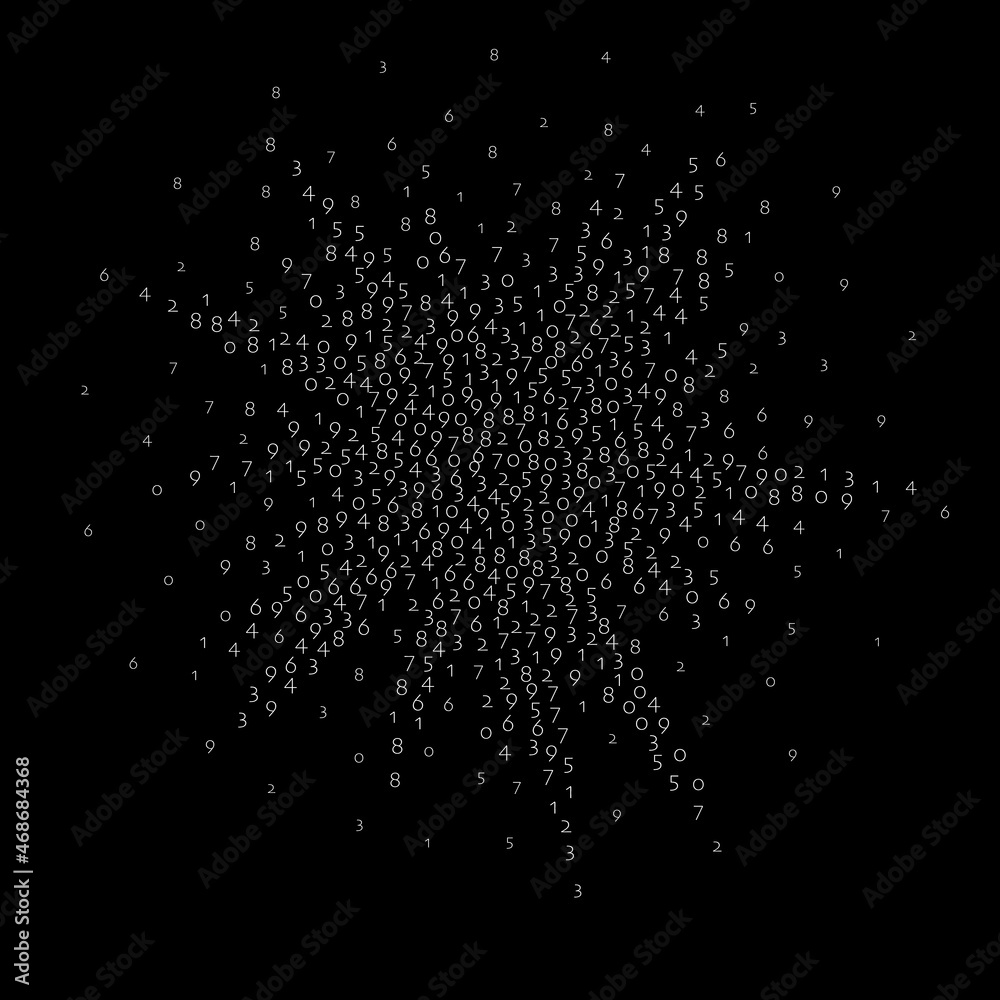 Falling numbers, big data concept. Binary white flying digits. Symmetrical futuristic banner on black background. Digital vector illustration with falling numbers. Falling numbers, big data concept. Binary white flying digits. Symmetrical futuristic banner on black background. Digital vector illustration with falling numbers.