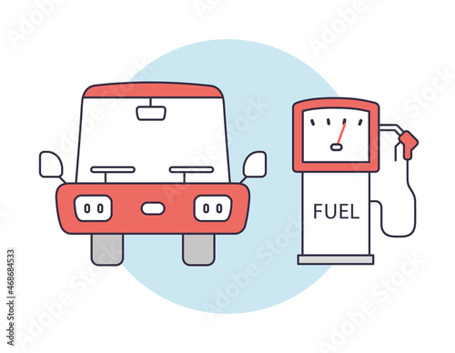 Car and gas fuel pump sign front view, petrol filling station cartoon vector line icon.