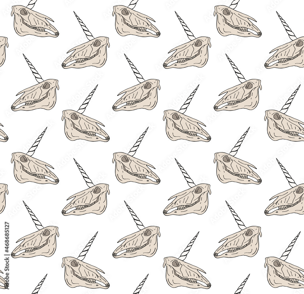Vector seamless pattern of hand drawn doodle sketch colored unicorn skull isolated on white background Vector seamless pattern of hand drawn doodle sketch colored unicorn skull isolated on white background