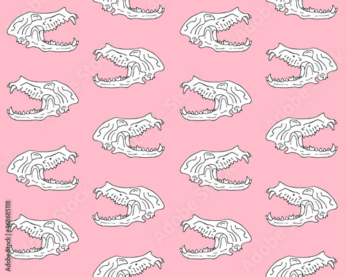 Vector seamless pattern of hand drawn doodle sketch dog wolf skull isolated on pink background