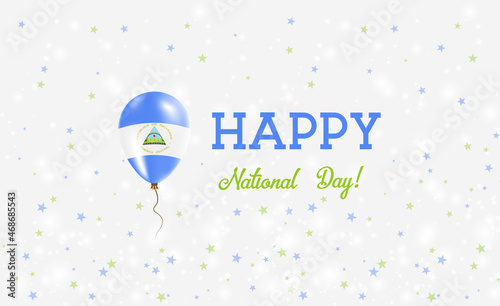 Nicaragua National Day patriotic poster. Flying Rubber Balloon in Colors of the Nicaraguan Flag. Nicaragua National Day background with Balloon, Confetti, Stars, Bokeh and Sparkles.