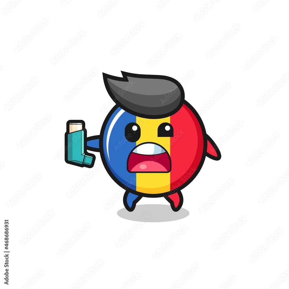 romania flag mascot having asthma while holding the inhaler