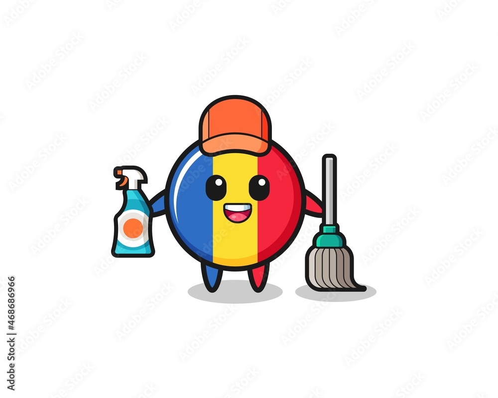 cute romania flag character as cleaning services mascot