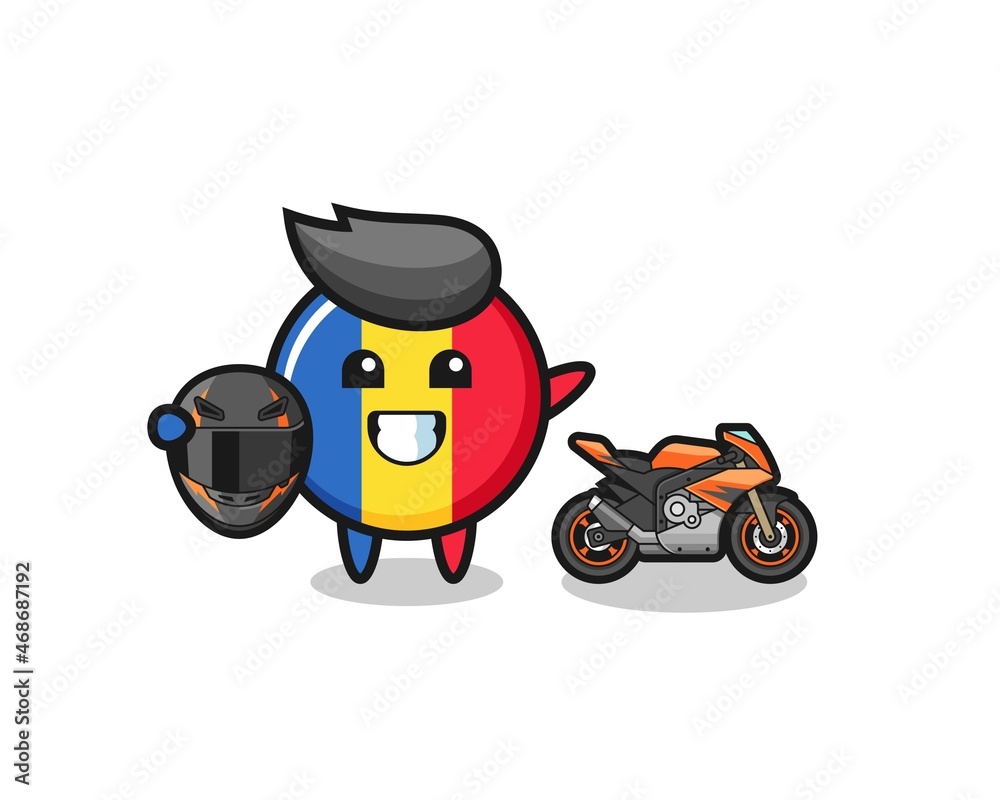 cute romania flag cartoon as a motorcycle racer