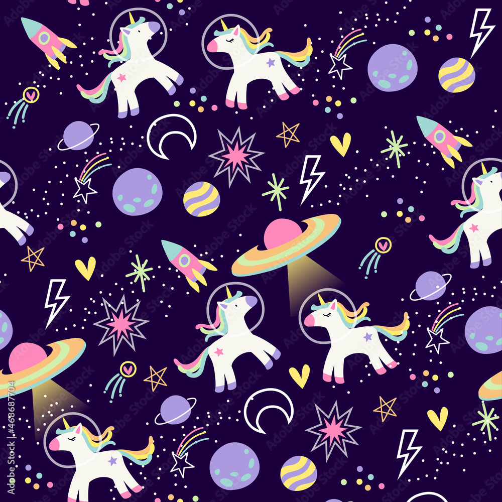 seamless background with unicorn and planets