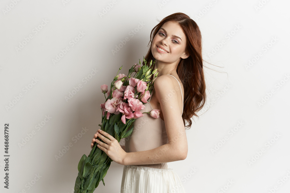 attractive woman pink flower bouquet fashion summer light background attractive woman pink flower bouquet fashion summer light background