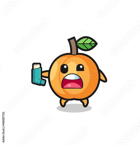 apricot mascot having asthma while holding the inhaler