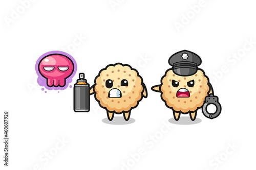 round biscuits cartoon doing vandalism and caught by the police