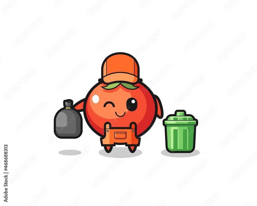 the mascot of cute tomatoes as garbage collector the mascot of cute tomatoes as garbage collector