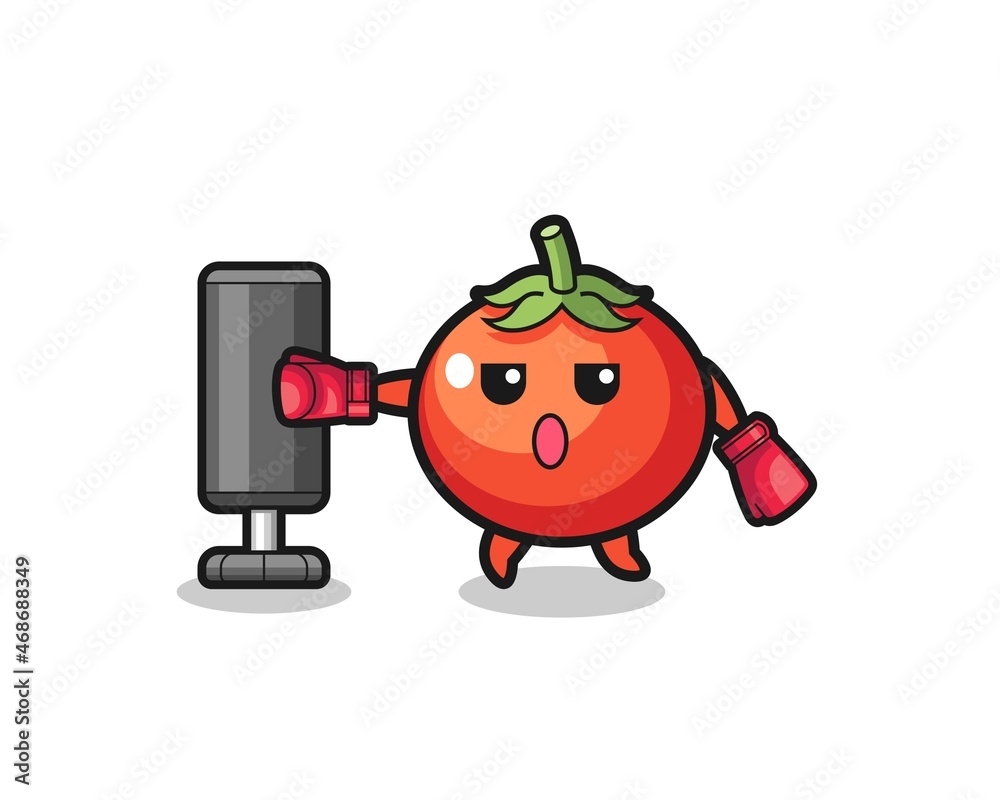 tomatoes boxer cartoon doing training with punching bag tomatoes boxer cartoon doing training with punching bag