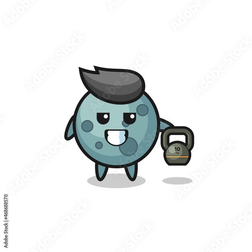 asteroid mascot lifting kettlebell in the gym