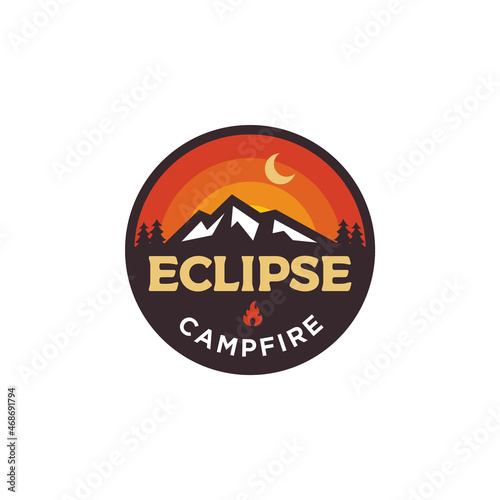 vintage logo of elipse campfire with sunburst background