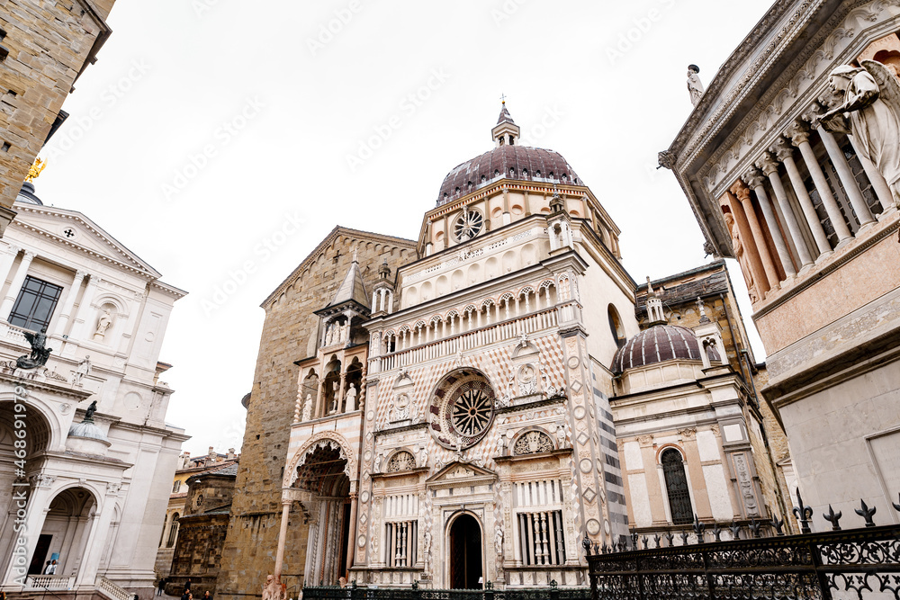 View of the Basilica of Santa Maria Maggiore from Piazza Duomo. Bergamo, Italy