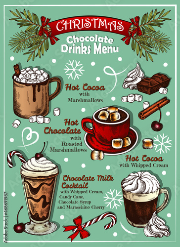 Sketch drawing poster of Christmas chocolate drinks menu. Colorful hot cocoa cocktail isolated on blue background. Drawn cacao, whipped cream, marshmallow, candy cane, snowflakes. Vector illustration 