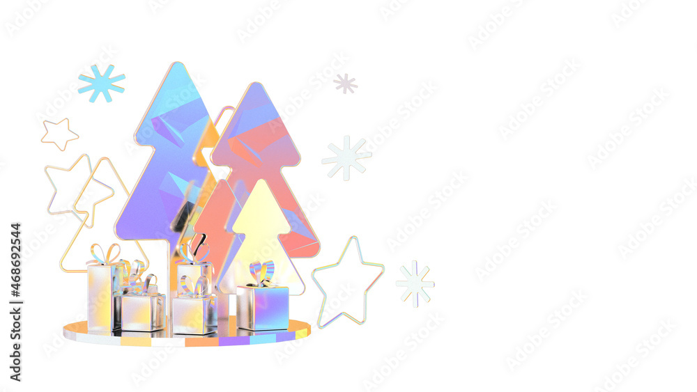 Conceptual polygonal Christmas New year tree, snowflakes, star and gift boxes with holographic reflection in a simple style. Template for banner, poster, flyer, greeting, landing. 3D illustration Conceptual polygonal Christmas New year tree, snowflakes, star and gift boxes with holographic reflection in a simple style. Template for banner, poster, flyer, greeting, landing. 3D illustration