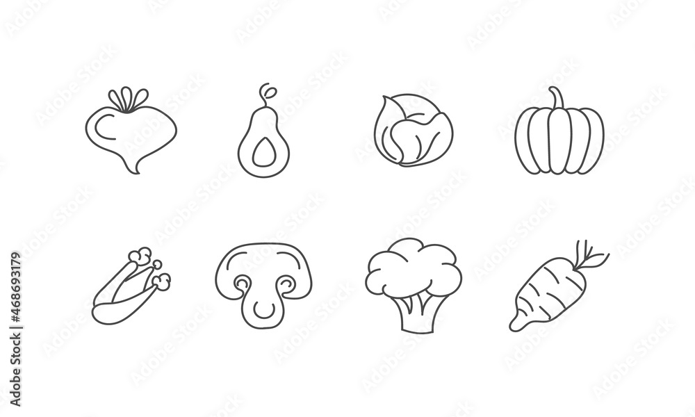 Set of flat vegetables in hand drawn doodle.