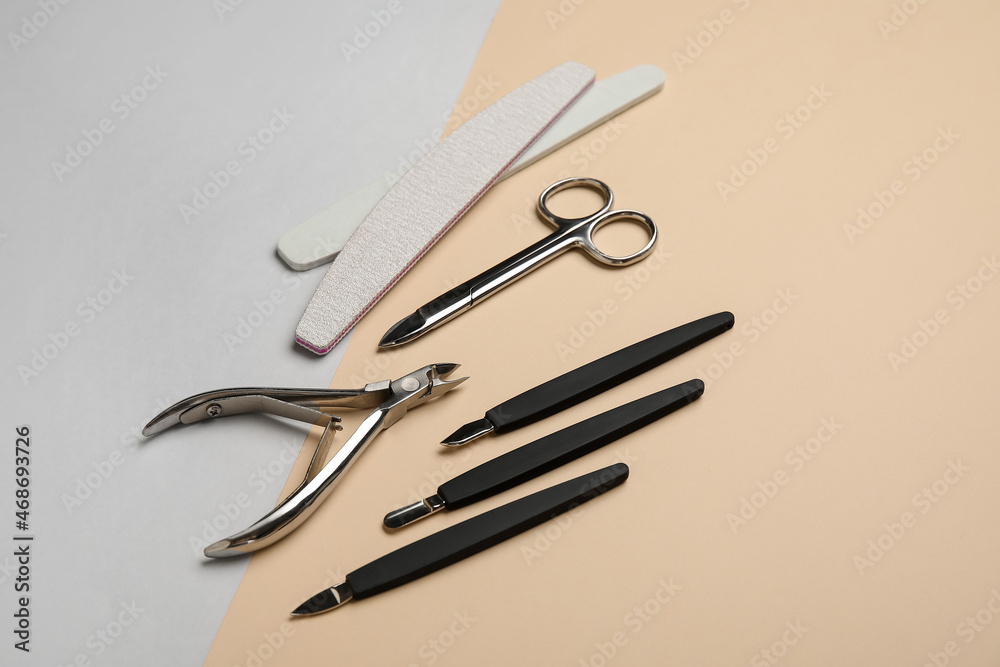 Manicure instruments on color background Manicure instruments on color background