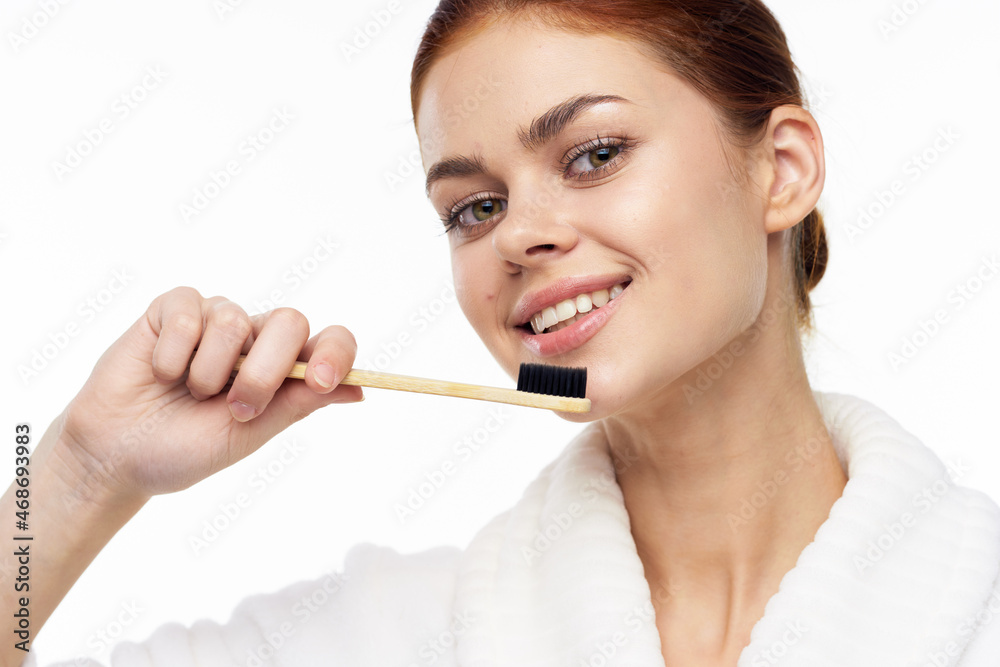 cheerful woman in white coat toothbrush dental health hygiene cheerful woman in white coat toothbrush dental health hygiene