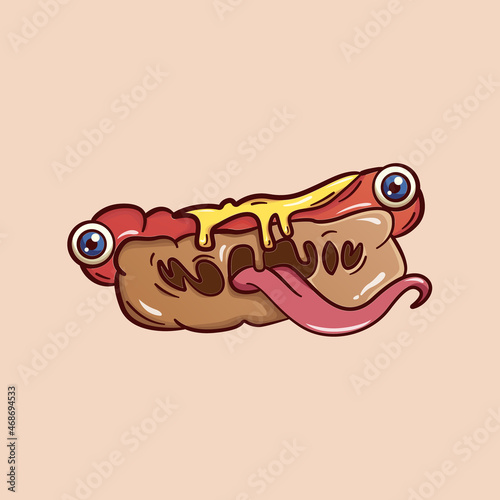 Doodle weird and scary monster hotdog with long tongue cartoon vector illustration