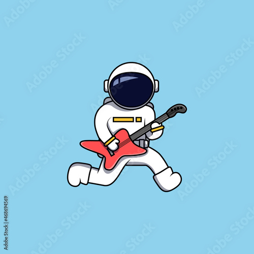 Jumping astronaut rocker with red guitar cartoon vector illustration