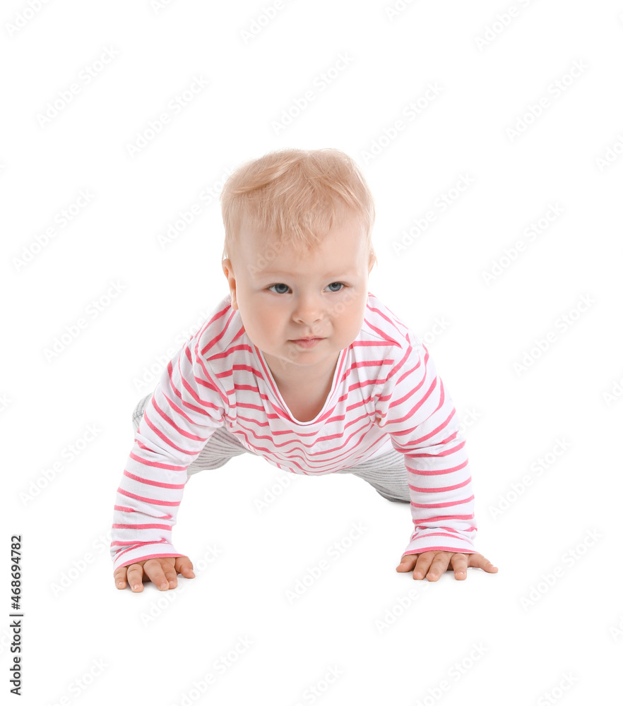 Cute baby girl crawling on white background Cute baby girl crawling on white background