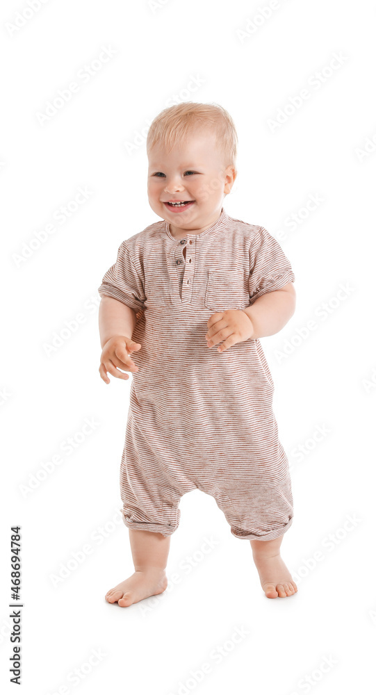 Cute baby girl in bodysuit learning to walk on white background Cute baby girl in bodysuit learning to walk on white background