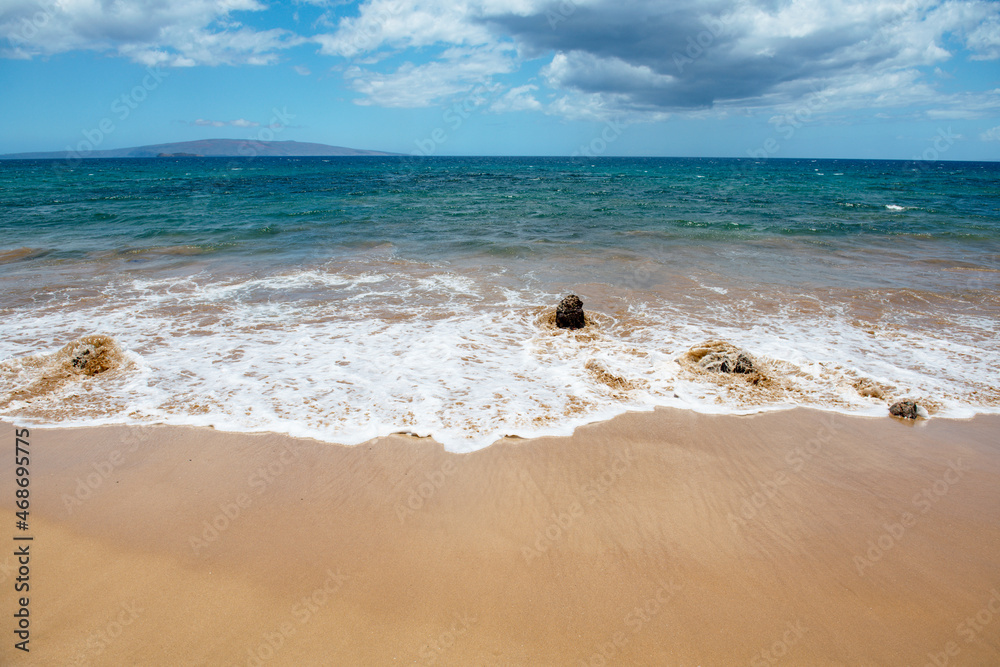 Blue ocean wave on sandy beach. Beach in sunset summer time. Beach landscape. Tropical seascape, calmness, tranquil relaxing sunlight. Blue ocean wave on sandy beach. Beach in sunset summer time. Beach landscape. Tropical seascape, calmness, tranquil relaxing sunlight.