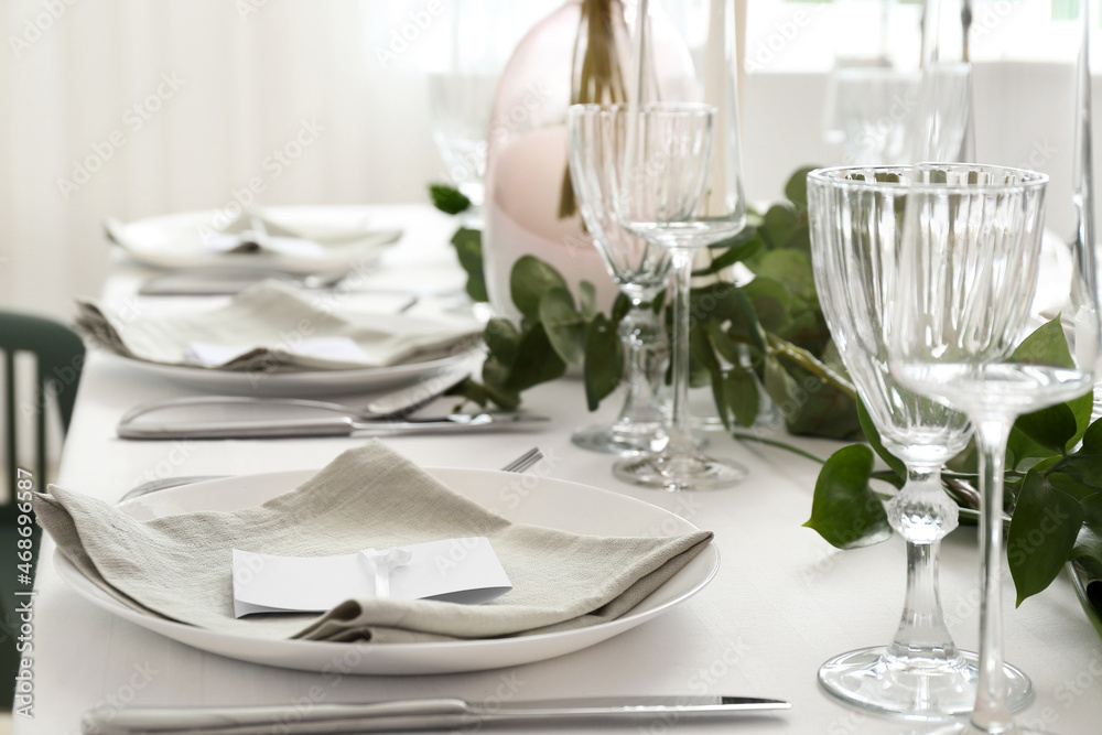 Beautiful table setting for wedding celebration in restaurant, closeup Beautiful table setting for wedding celebration in restaurant, closeup