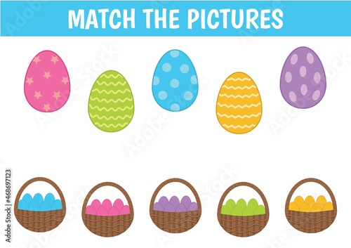 Children's educational game. Connect the colors. Easter eggs and baskets. Vector illustration.