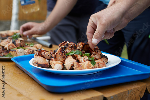 The chef decorates the dish with a barbecue cooked on the grill , a fun weekend