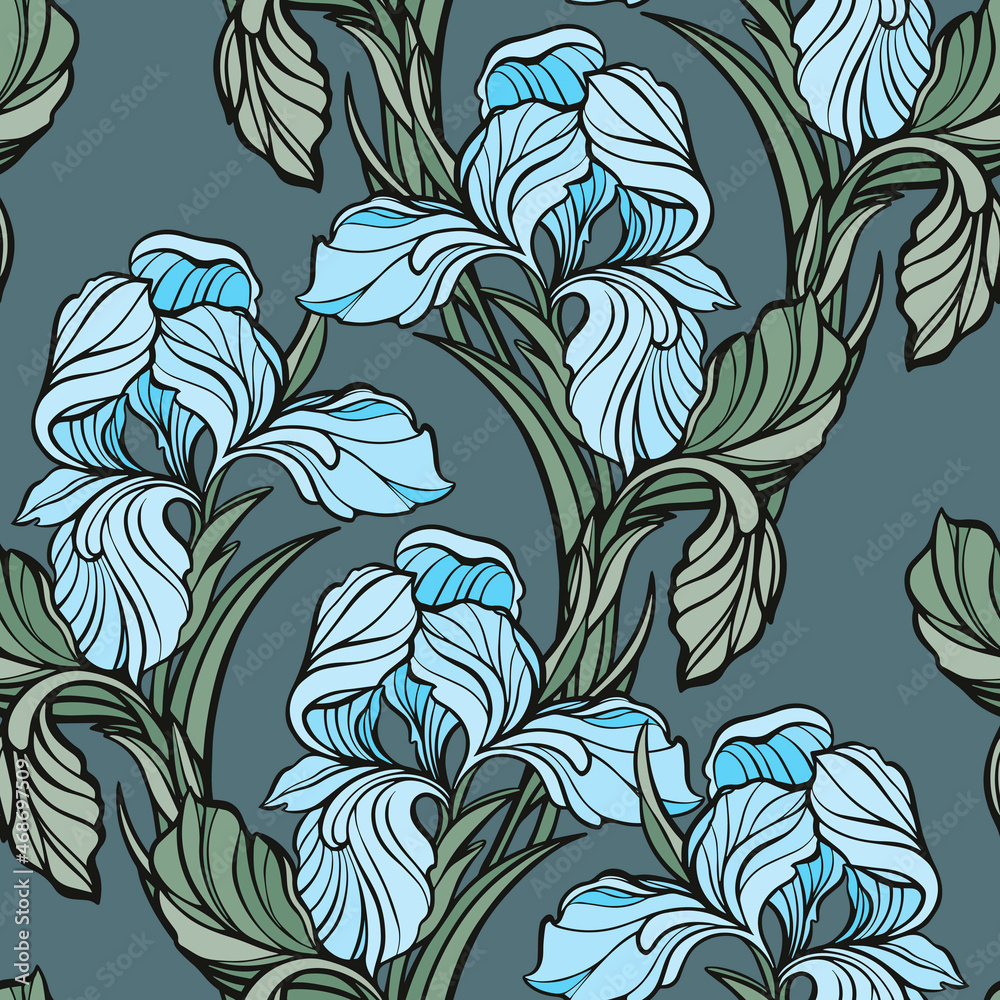 Fototapeta premium Seamless pattern with flowers irises and roses
