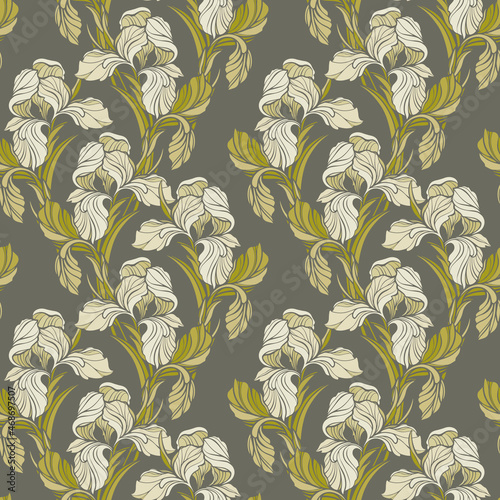 Seamless pattern with flowers irises and roses