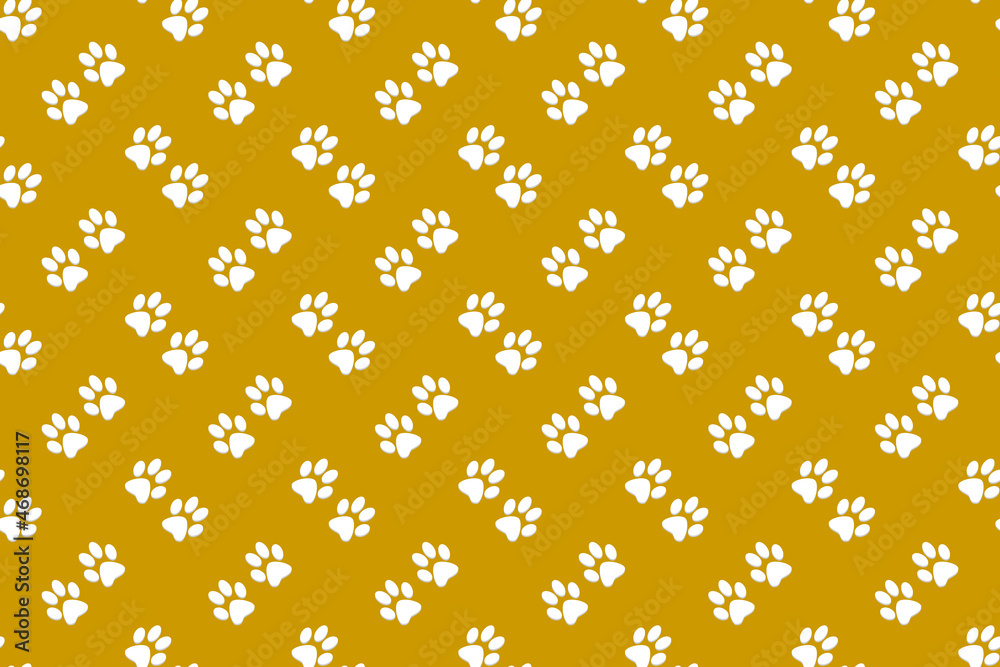 Cute white seamless animal footprints wallpaper on golden brown background, for print design, background, packaging, fabric pattern.