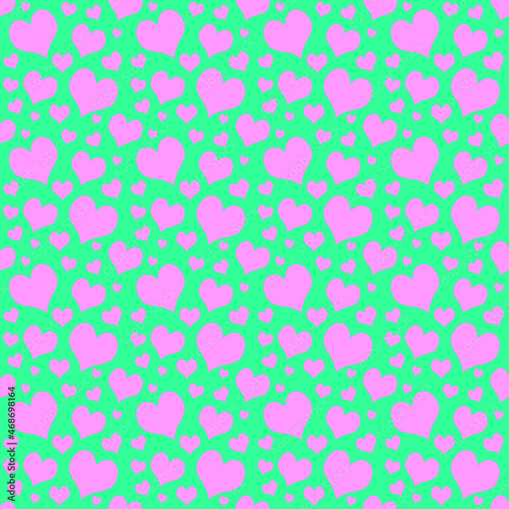 Seamless pink cute heart pattern on green background.