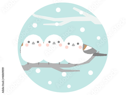 木にとまっている3匹のシマエナガのイラスト