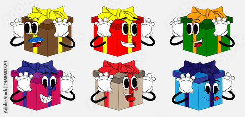 Gift Box with is trying to scare you as a cartoon character. Holiday, Celebration surprise with happy face emotion.