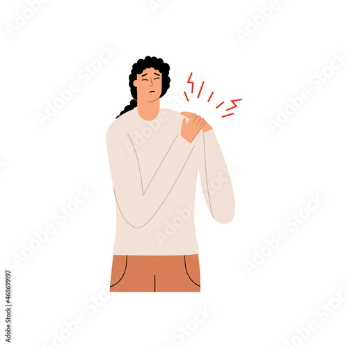 A young girl is experiencing pain in an inflamed shoulder joint. Arthritis or arthrosis. Vector illustration in flat style